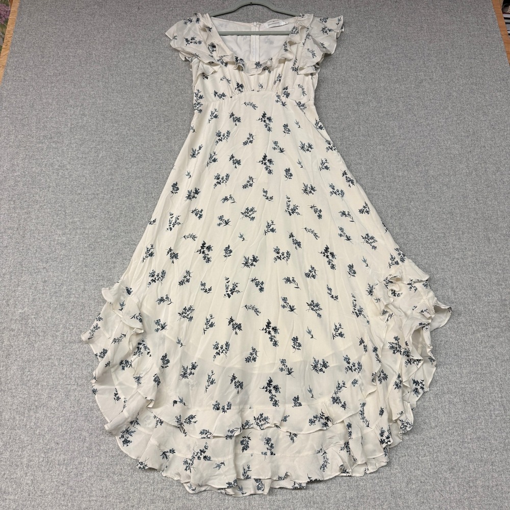 Zimmermann Silk Floral Ruffle High Low Dress Size 0 Cream Blue Tiered Flutter